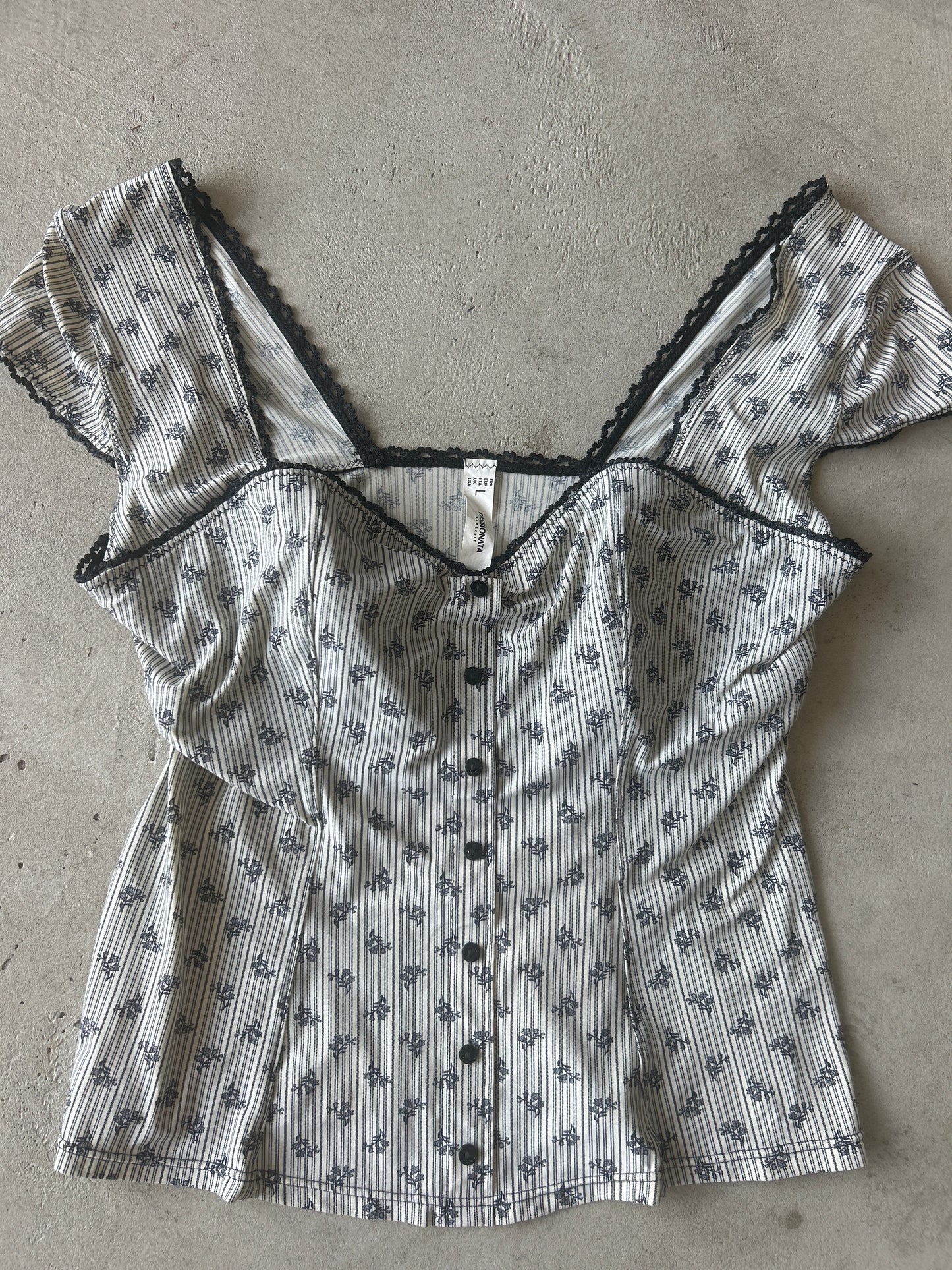 Passionata Pinstripe Floral Button  Down Cap Sleeve Top