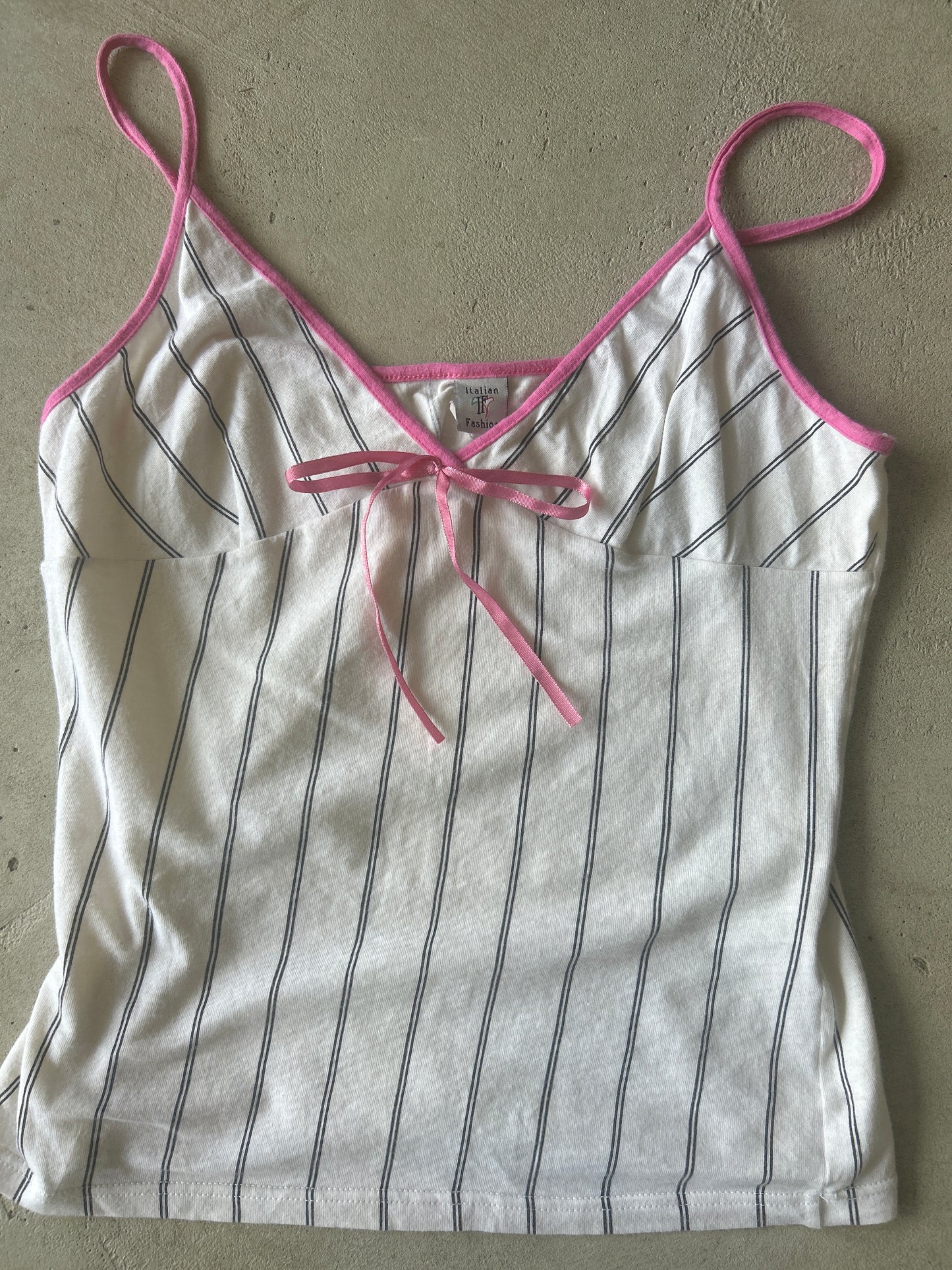 Italian Fashion White Pinstriped with Pink Trim V Neck Cami Top