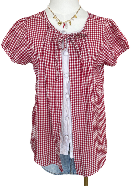 Red & White Plaid button down shortsleeved pleated white insert