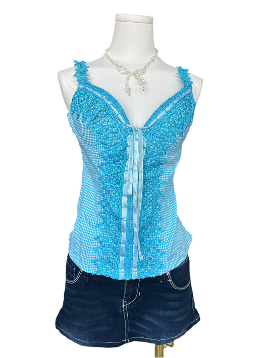 Wild Cat Turquoise Checkered Embroidery with Front Tie Cami Top