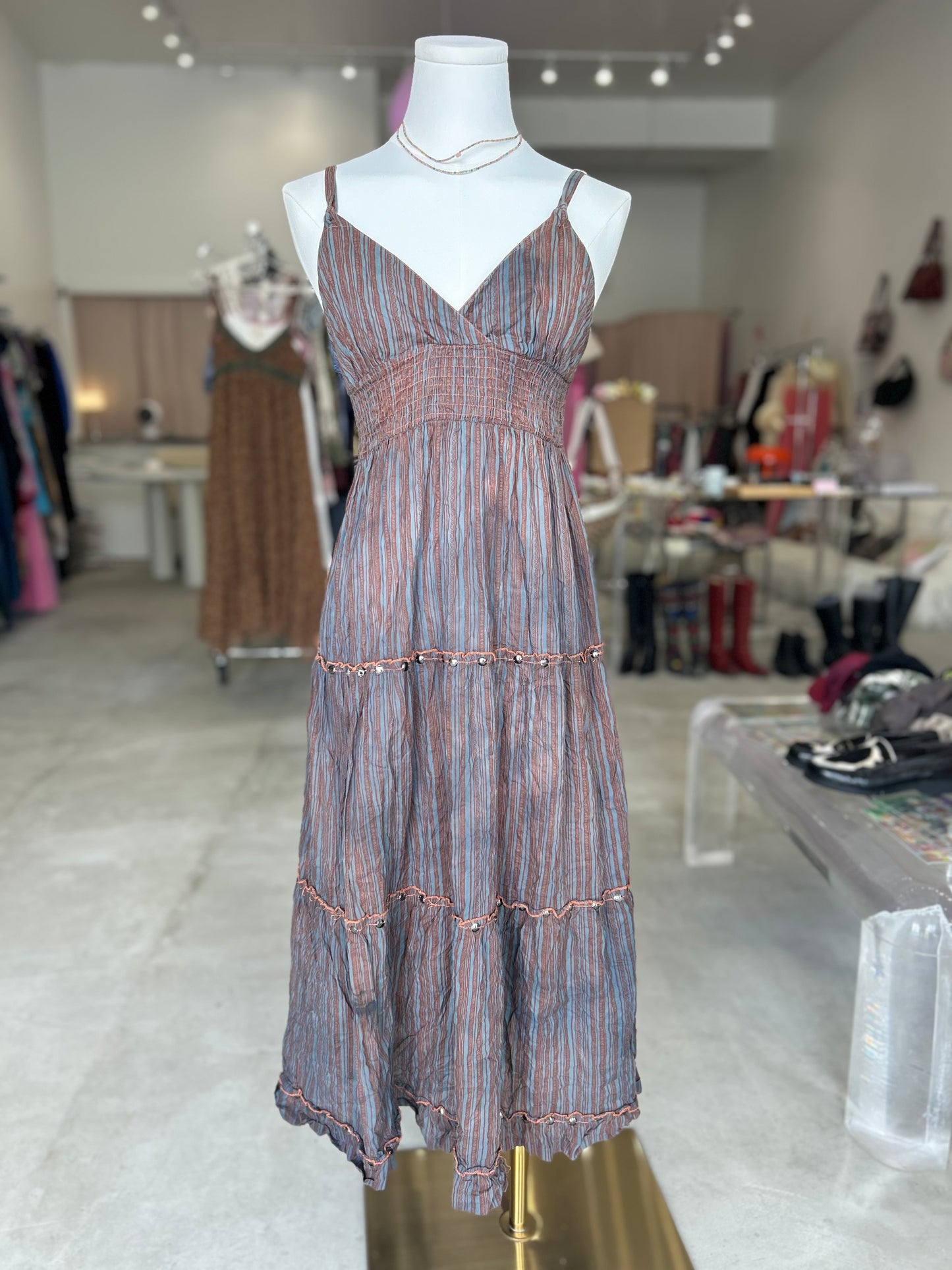 Brown and Grey Striped Maxi Dress with Sequin
