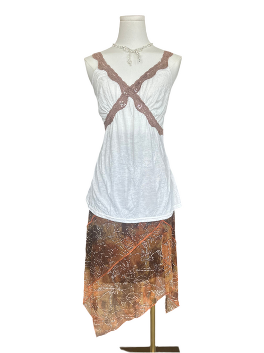 Meleose White and Brown Lace Sequin Trim V Cami Top