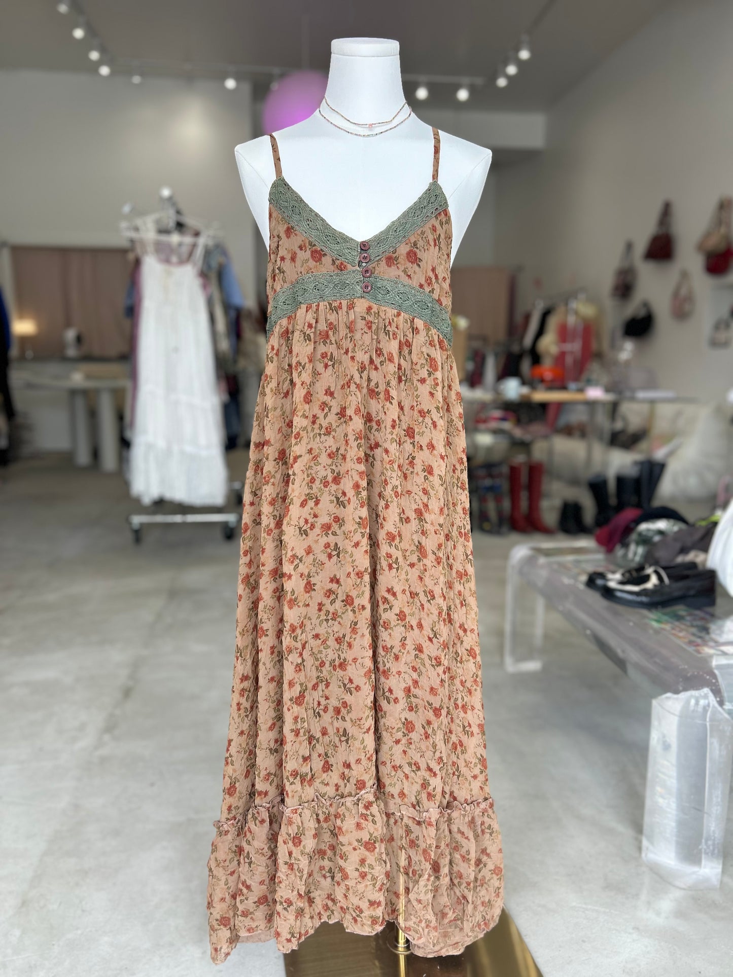 Boll-up Brown Floral Maxi Dress with Buttons