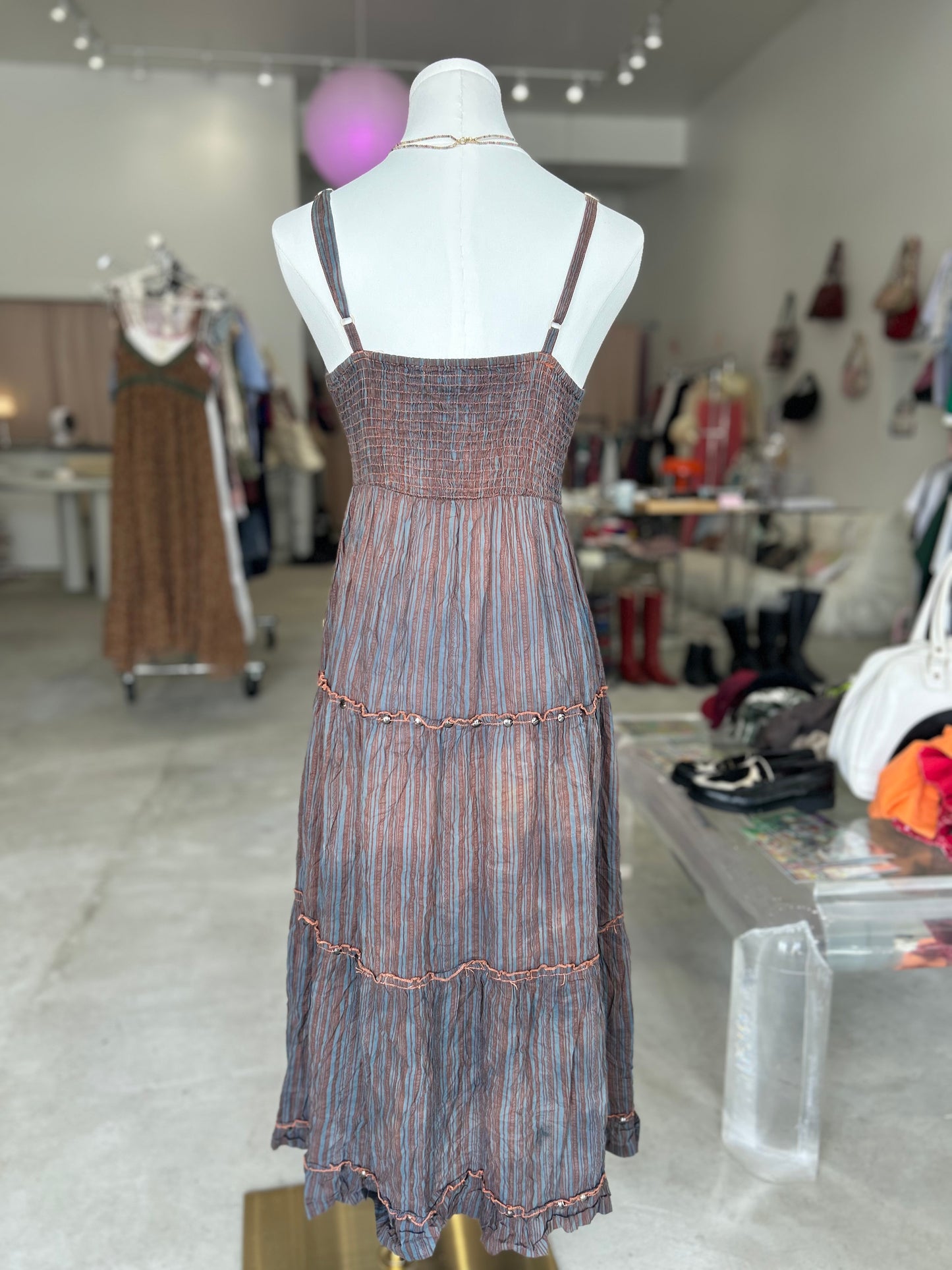 Brown and Grey Striped Maxi Dress with Sequin