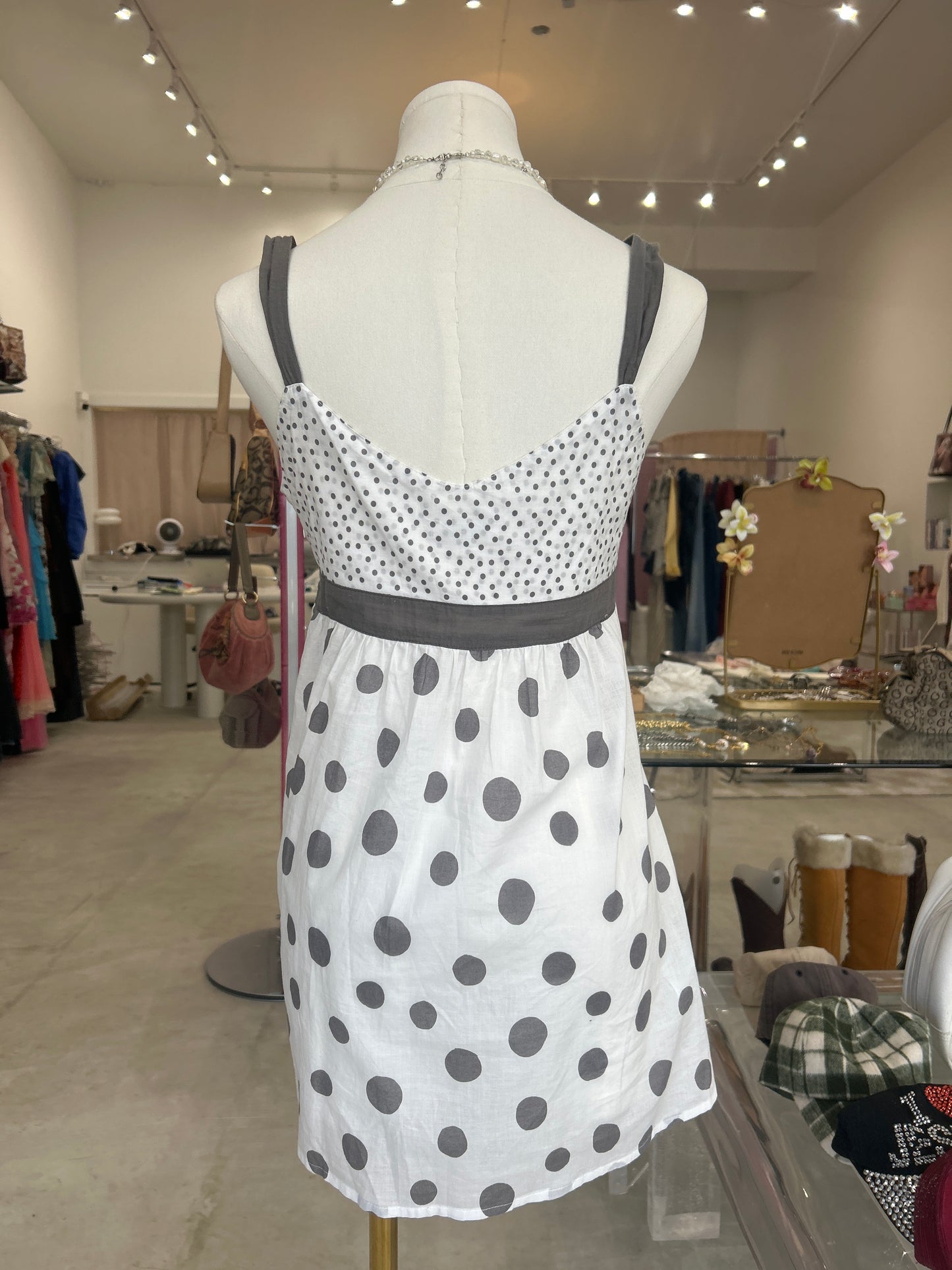 Promod Grey and White Poka Dot Cami Dress