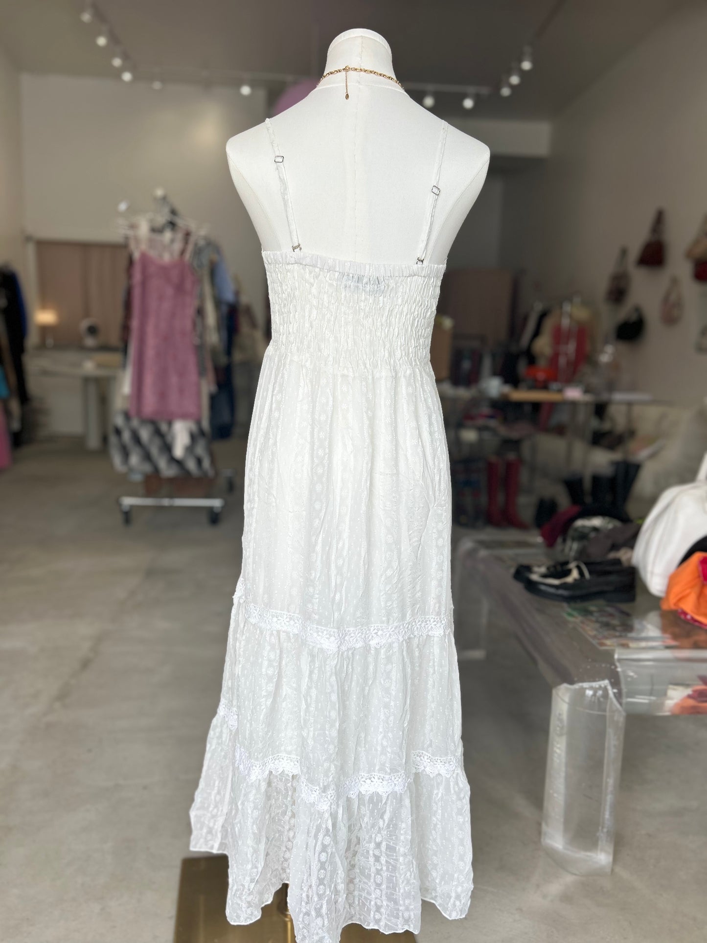 Pumpkin White Maxi Dress with Leather Tie in Front