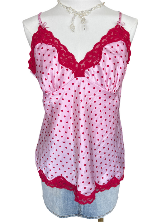 Candies Intimates Pink & Red Poka Dot Lace Trim Cami