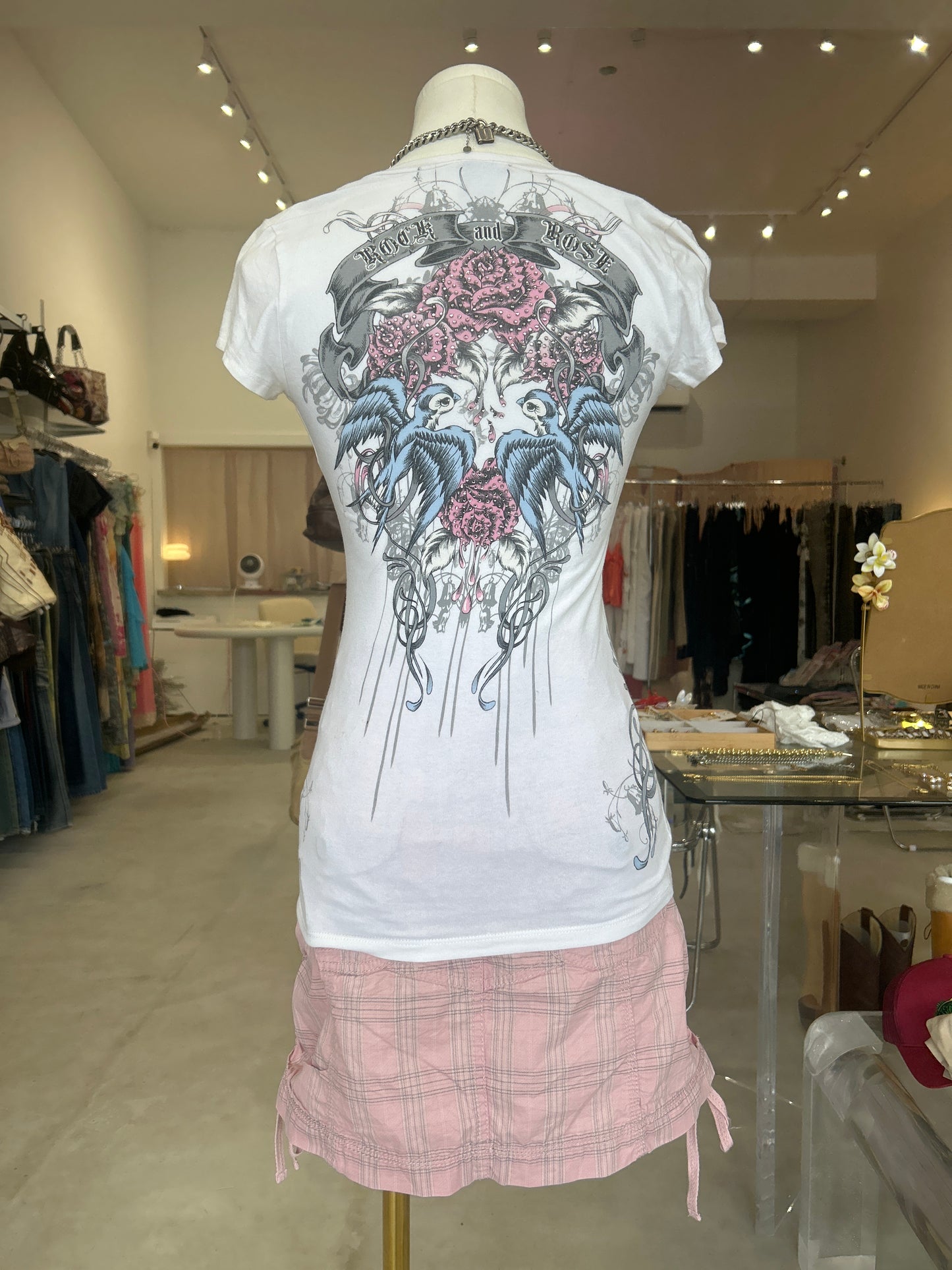 Rock & Rose Birds White V Neck T-Shirt