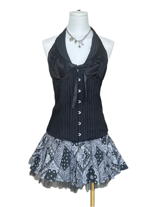 Black Pinstripe Corset Halter Top with Hooks & Tie in front