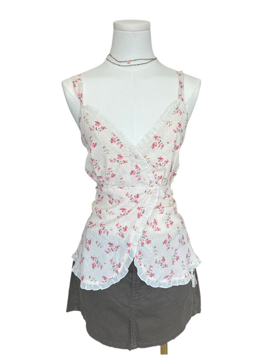 Lingene white and pink floral tie back cami top
