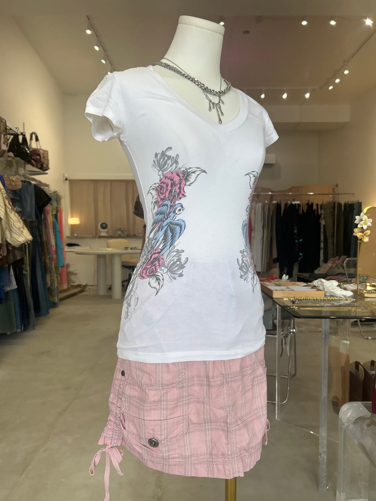 Rock & Rose Birds White V Neck T-Shirt