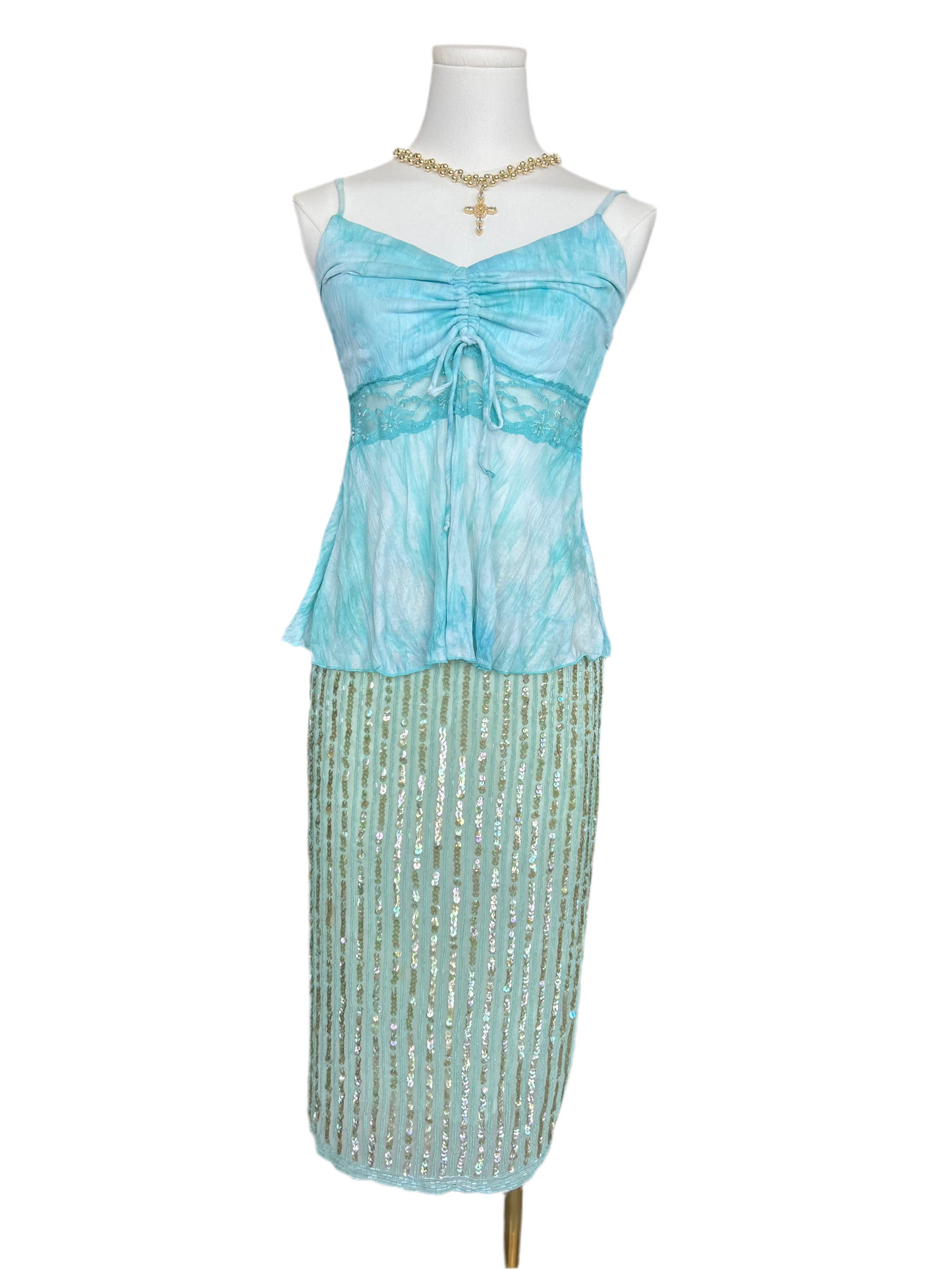 Yoon Me Turquoise Cinched with Tie and lace Cami Top