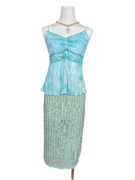 Yoon Me Turquoise Cinched with Tie and lace Cami Top