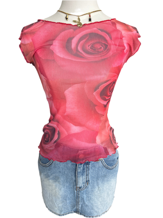 Red Roses Mesh Sleeveless Top