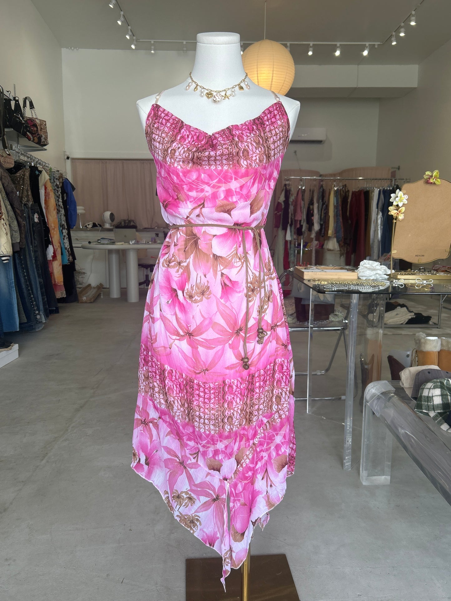 Bellani Paris Pink Floral Asymmetrical Cami Dress with Rope Belt