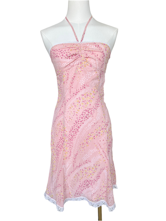 Pinky Girls Pink Floral Print Lace Trim Halter Dress