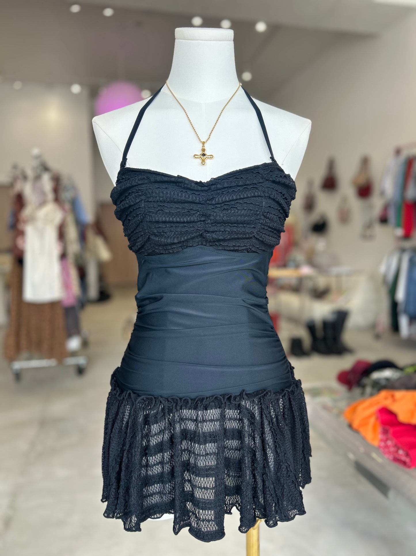 Black Halter with Tie in Back Mini Dress