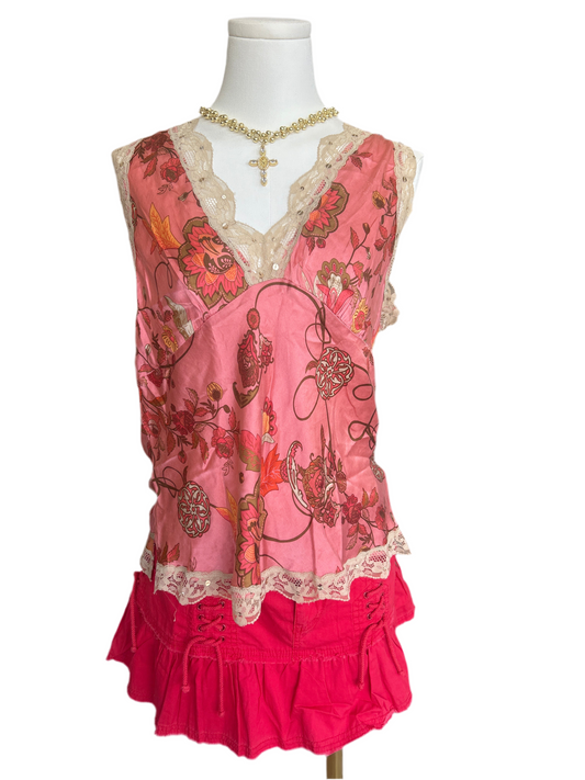 Daisy Fuentes Pink Printed Silk w/ Lace Trim Sleeveless Top