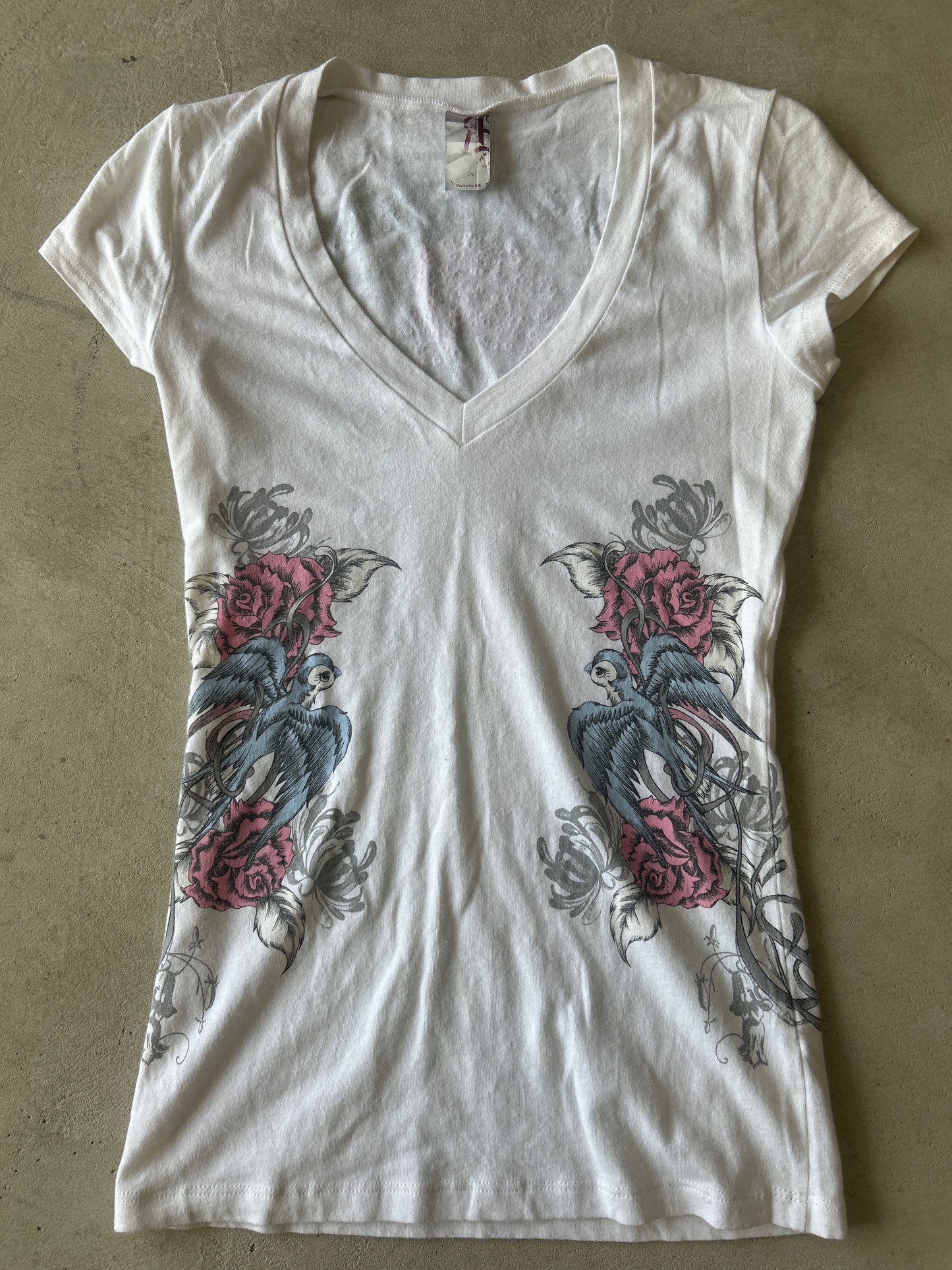 Rock & Rose Birds White V Neck T-Shirt