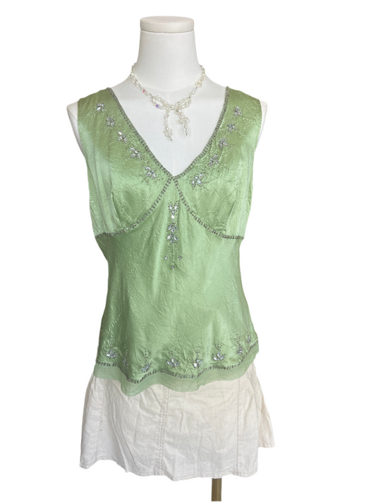 New York & Co. Green Silk Embellished Beaded Tank