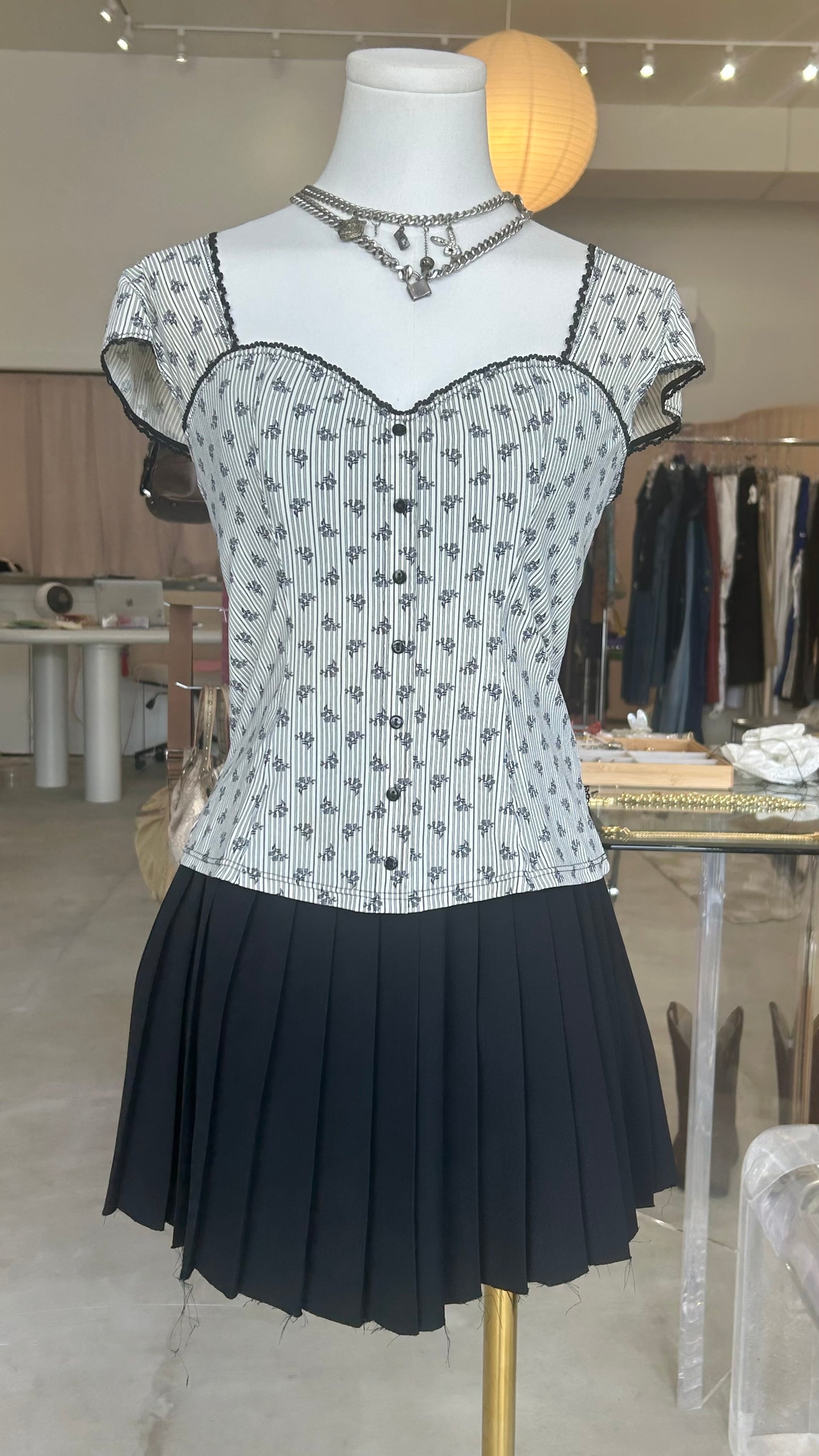 Passionata Pinstripe Floral Button  Down Cap Sleeve Top