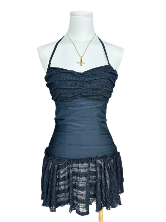 Black Halter with Tie in Back Mini Dress