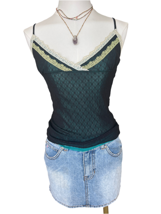 SEED Black & Teal Mesh Lace Cami Top