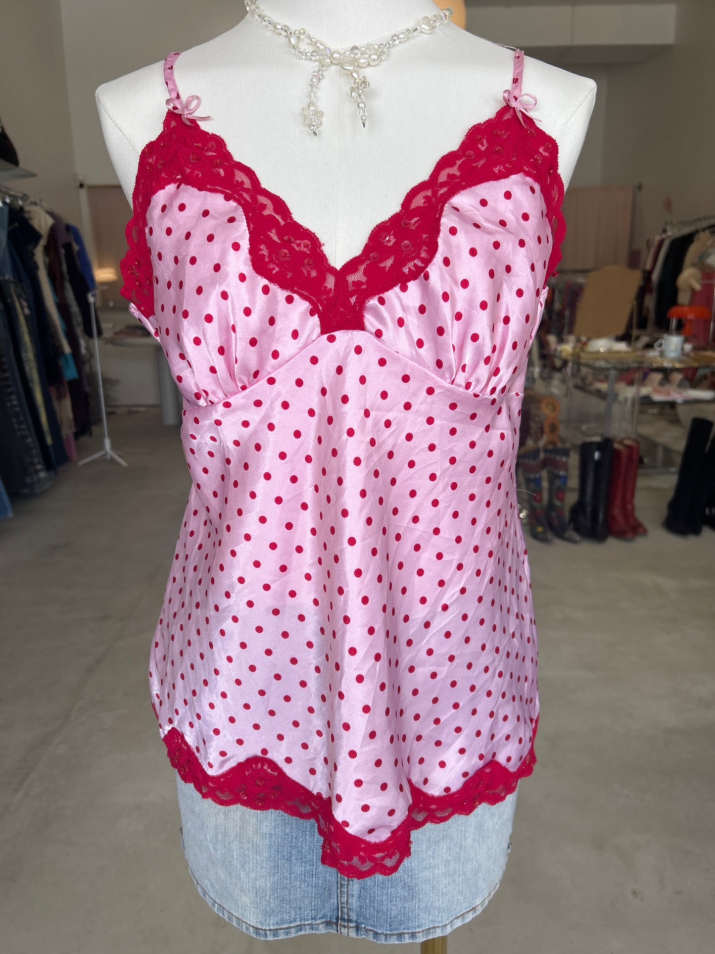 Candies Intimates Pink & Red Poka Dot Lace Trim Cami