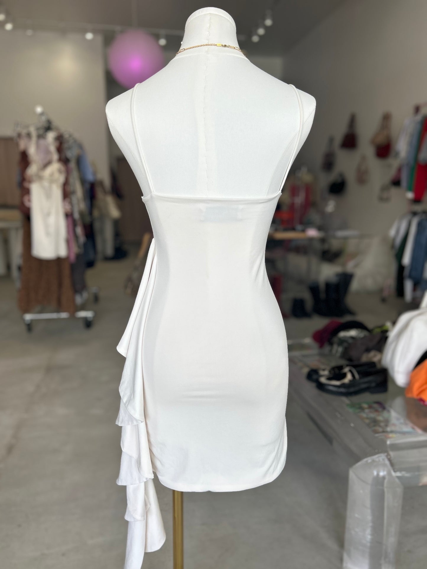 MadeBen White Cutout Dress with Asymmetrical Drapes on side