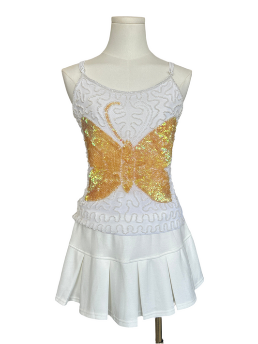 Yellow Sequin Butterfly and White Beaded Mesh Cami Top
