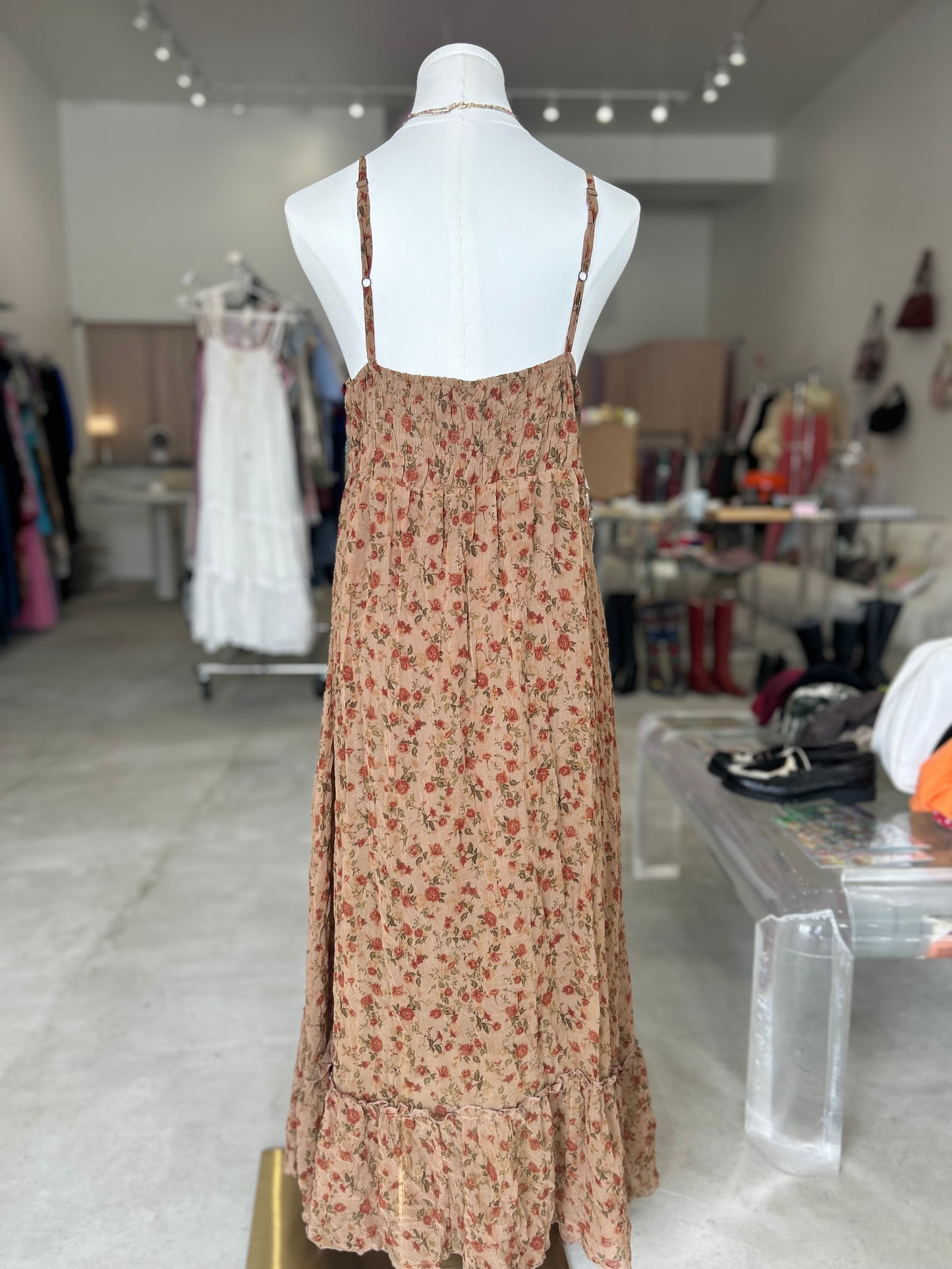 Boll-up Brown Floral Maxi Dress with Buttons