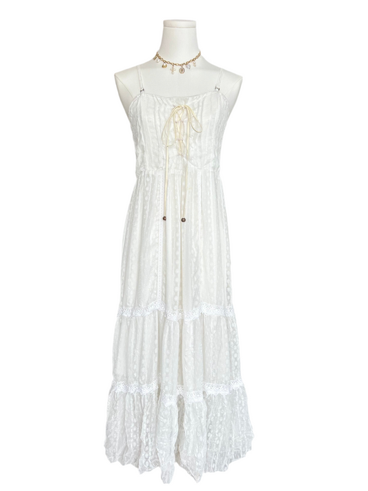 Pumpkin White Maxi Dress with Leather Tie in Front