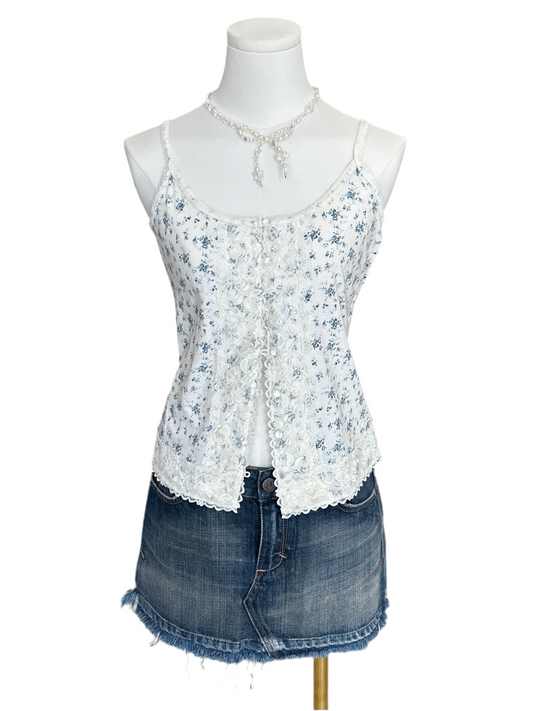 White & blue ditsy print button up tank