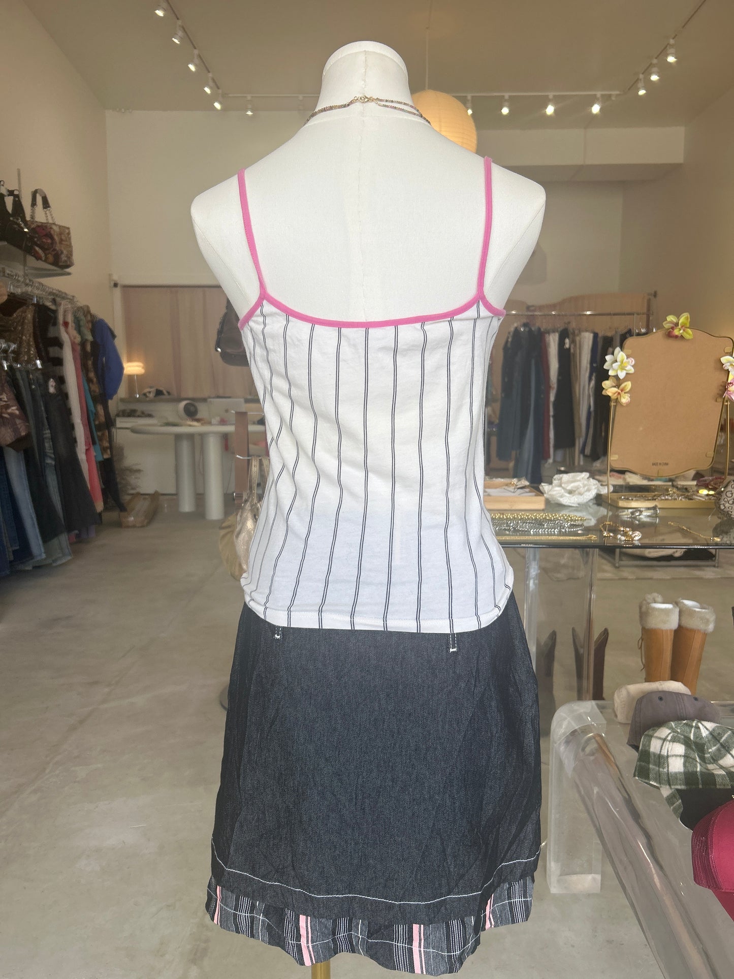 Italian Fashion White Pinstriped with Pink Trim V Neck Cami Top