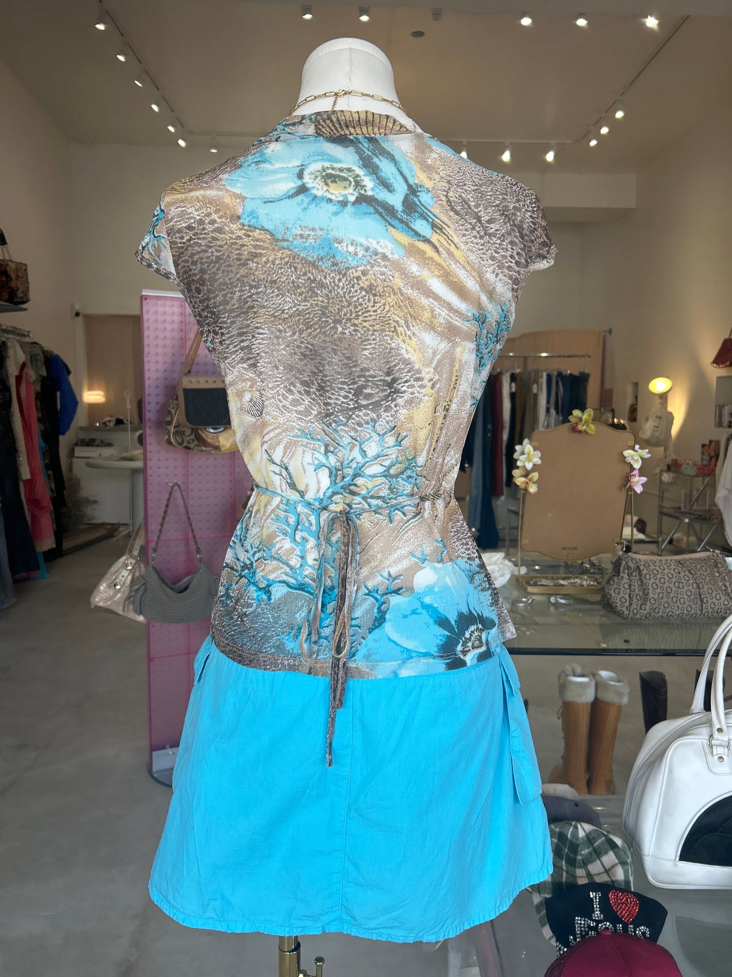 Blue Coral Reef Mesh V Neck Top