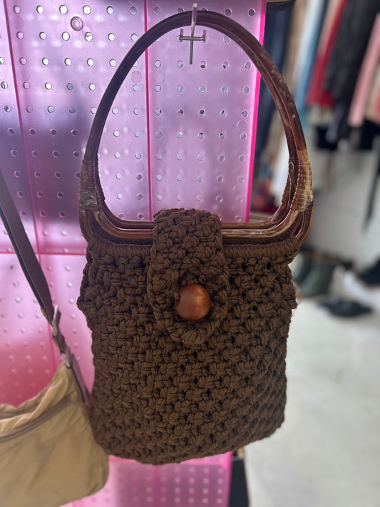 Brown knitted Bag w/ wooden handles
