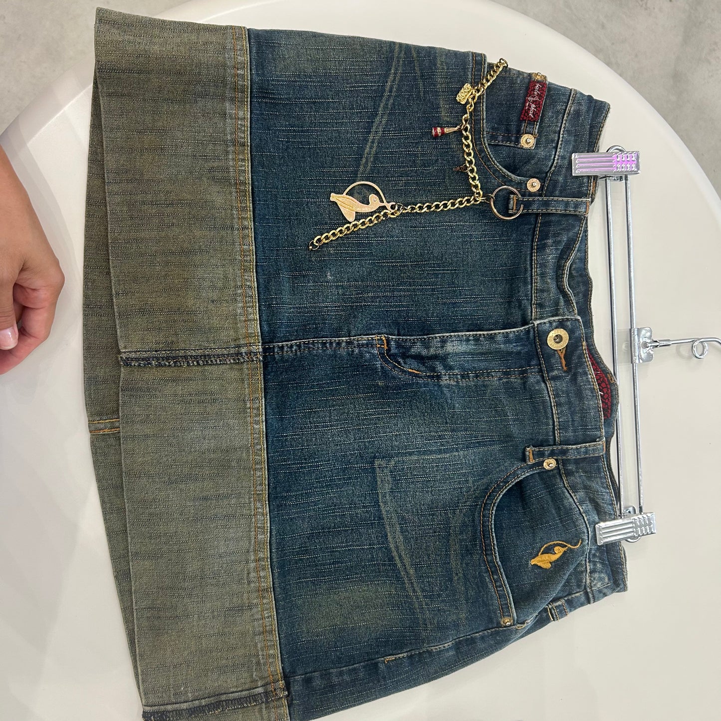 Baby Phat Two Tone Faded Denim Skirt w/ Pocket Gold Keychain